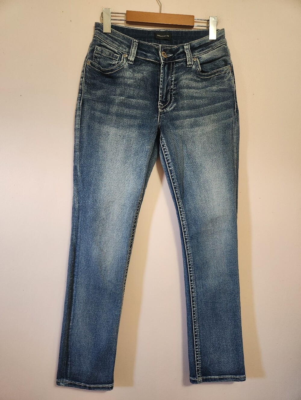 Warehouse One Mid Rise Straight Leg Acid Wash Y2K Jeans Distressed Embroidered